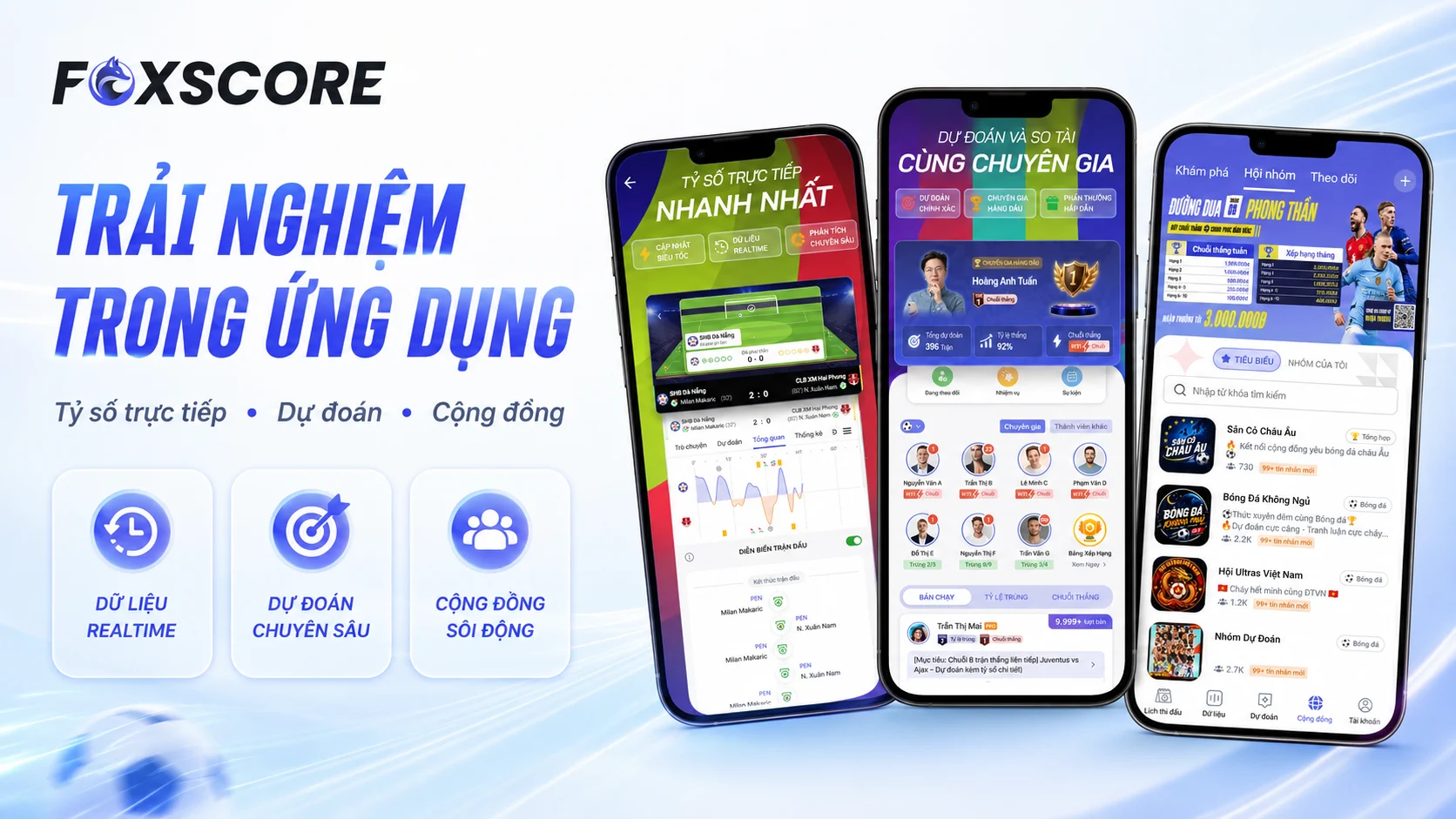 FoxScore mobile app screens showing live scores, predictions and community features.