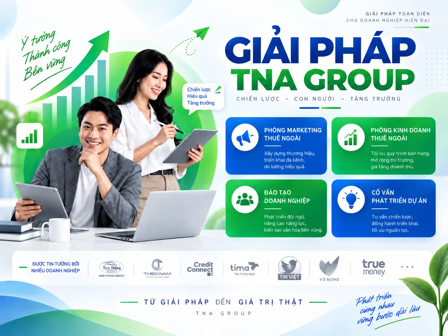 TNA Group marketing and business solutions creative showing service categories and a growth message.